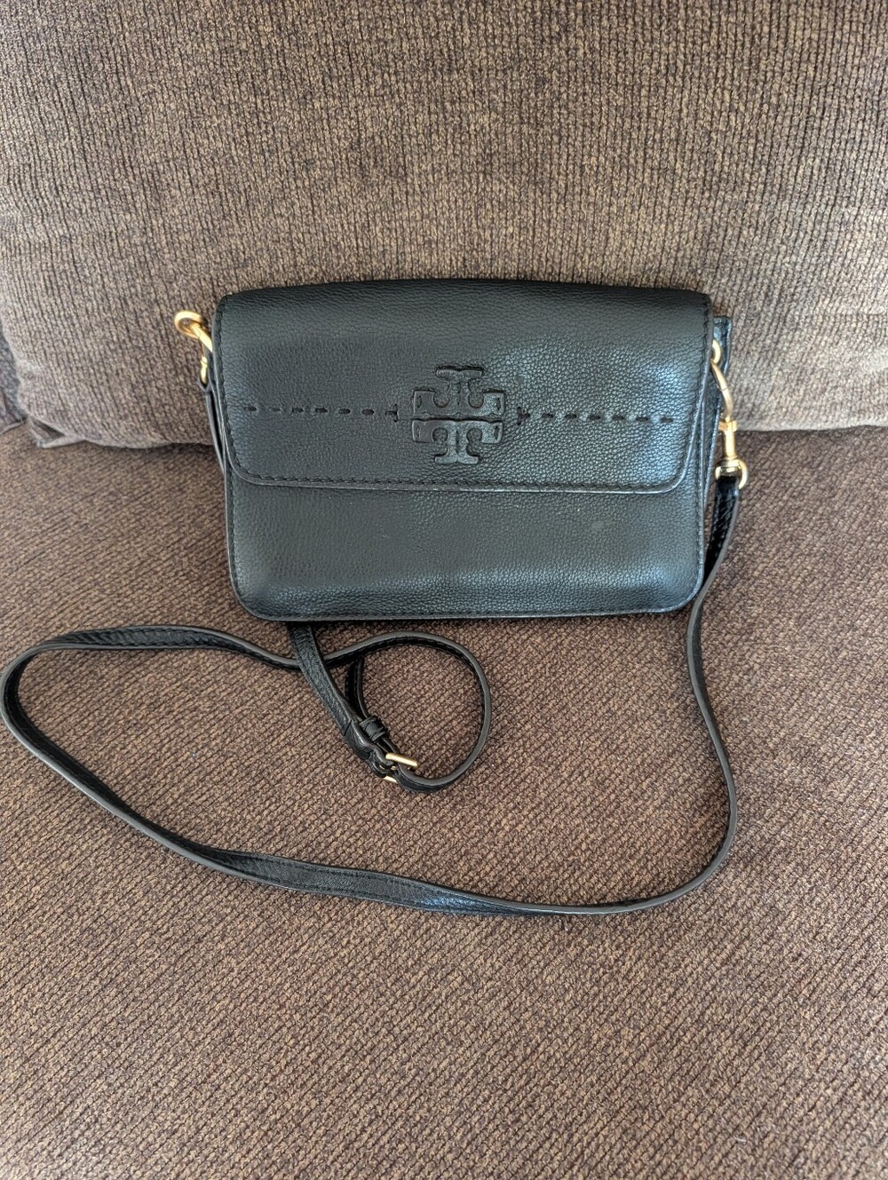 Tory Burch Black Leather Logo Flap Crossbody
